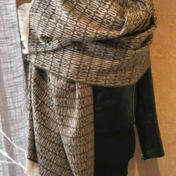 Moschino Logo Wool Scarf Shawl Women's Brown - Picture 3 of 10